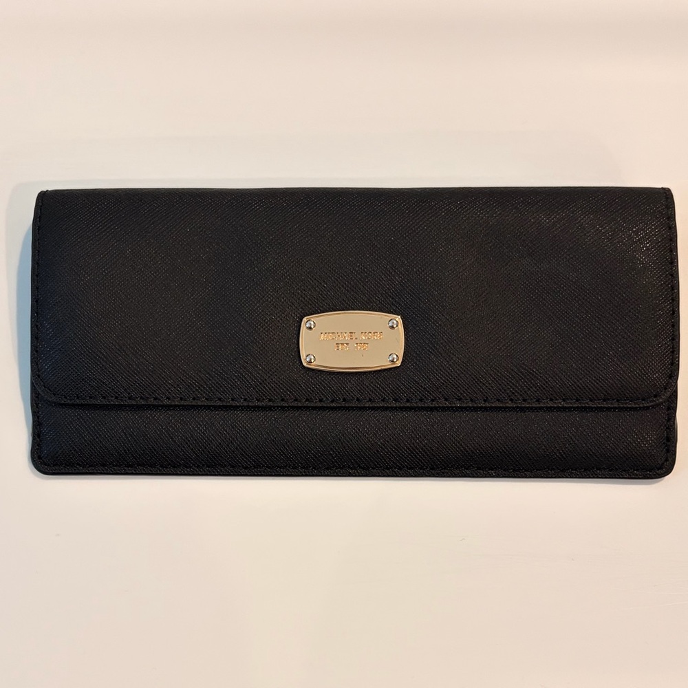 Michael Kors Black Leather Snap-Closure Wallet with Gold Hardware